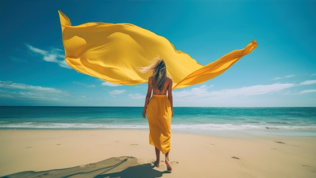 Una mujer en una playa con un pañuelo amarillo.