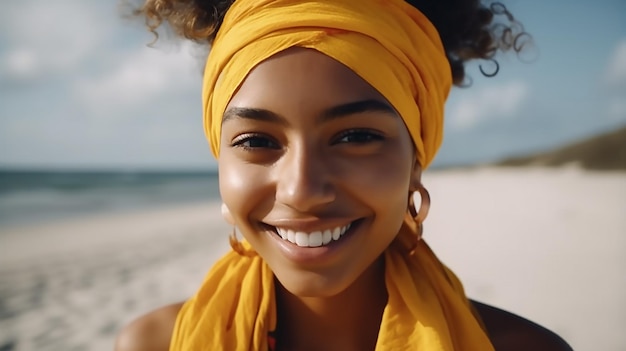 Una mujer en una playa con un pañuelo amarillo.