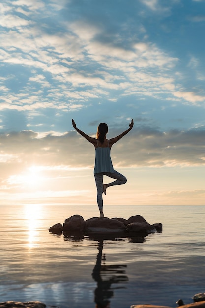 Mujer en una playa practicando yoga