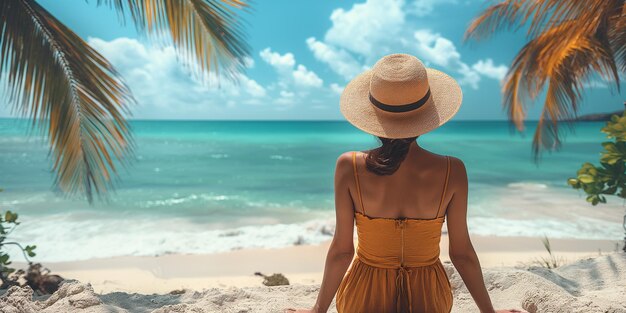 mujer en la playa con un sombrero de paja