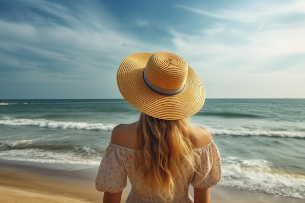 mujer en la playa con sombrero