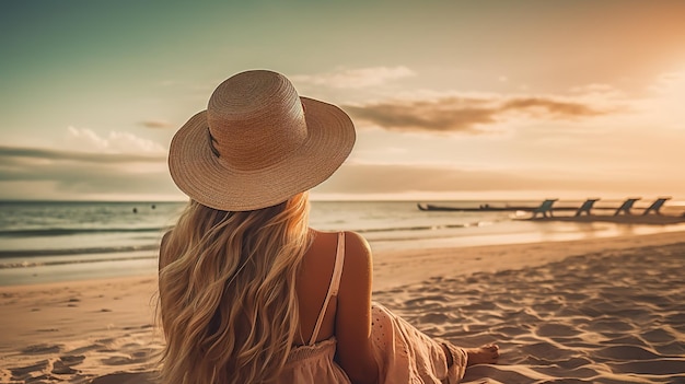 mujer en la playa con sombrero