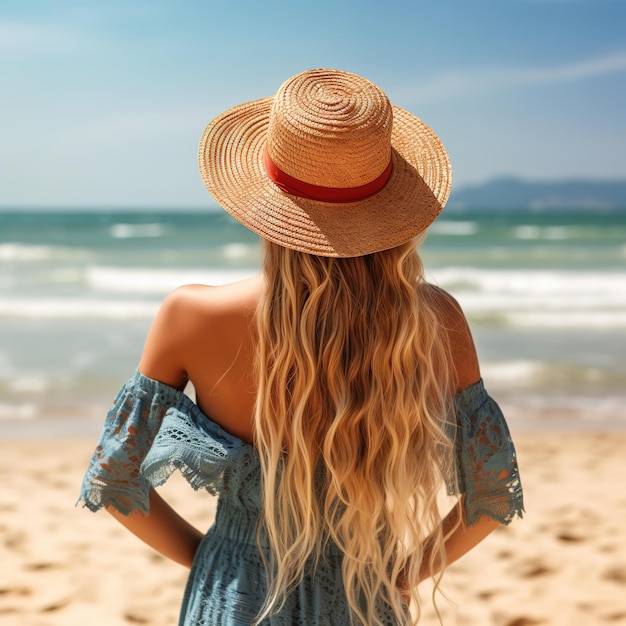 mujer en la playa con sombrero