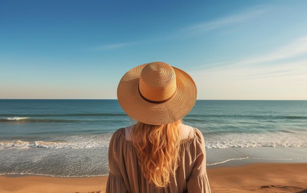 mujer en la playa con sombrero