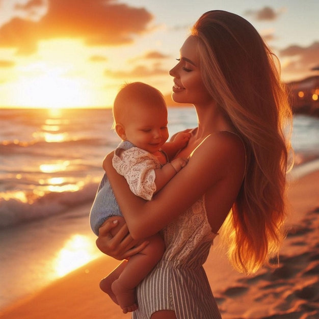 Mujer en la playa con su bebé disfrutando de la puesta de sol