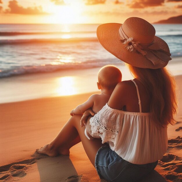 Foto mujer en la playa con su bebé disfrutando de la puesta de sol