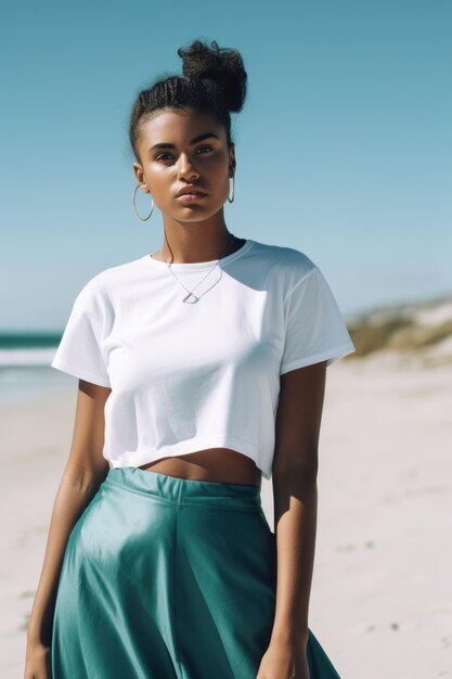 Una mujer se para en una playa con un top blanco y un top blanco con un collar que dice "te amo".