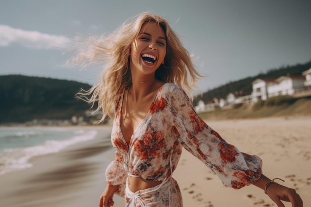 Una mujer en una playa con un top floral y un top blanco con la palabra playa.