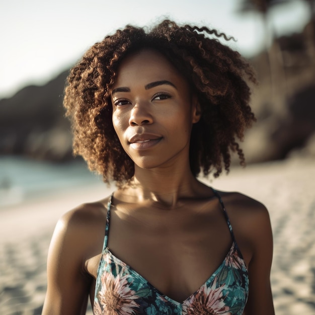 Una mujer en una playa con un top floral.