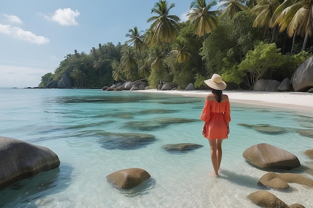 Mujer en una playa tropical en las islas Tailana Banyak Sumatra archipiélago tropical Indonesia arrecife de coral Aceh