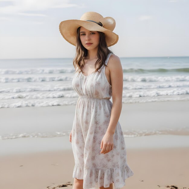 Una mujer en la playa vestidos de moda con sombrero de paja