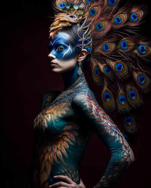 Una mujer con una pluma de pavo real en la cara