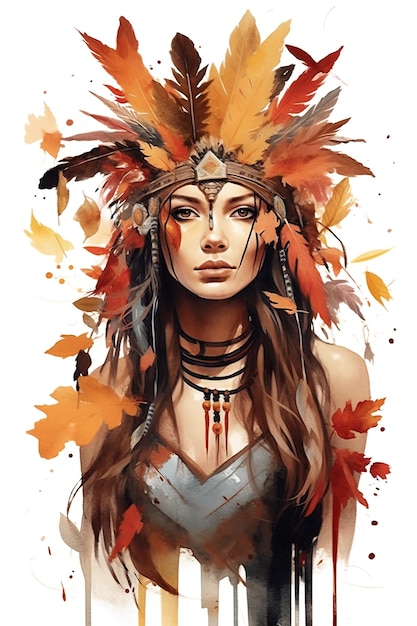 Una mujer con plumas en la cabeza imagen generativa de ai