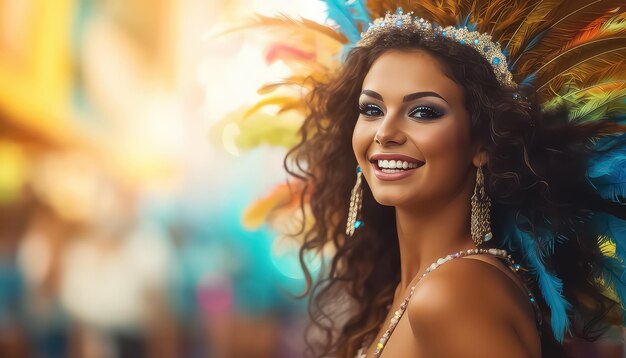 Mujer con plumas en la cabeza participando en un carnaval de concepto de celebración