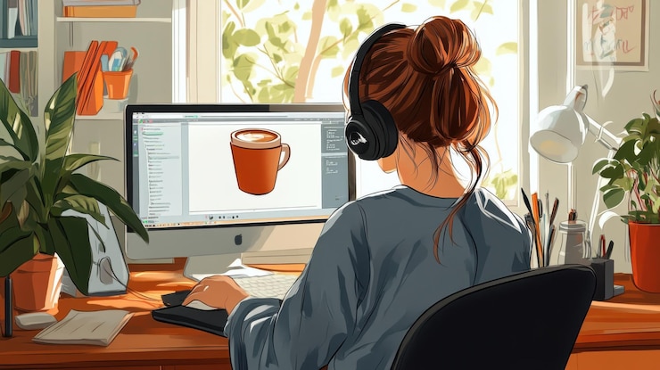 Foto una mujer de podcasting en casa con una taza de café caliente en su escritorio