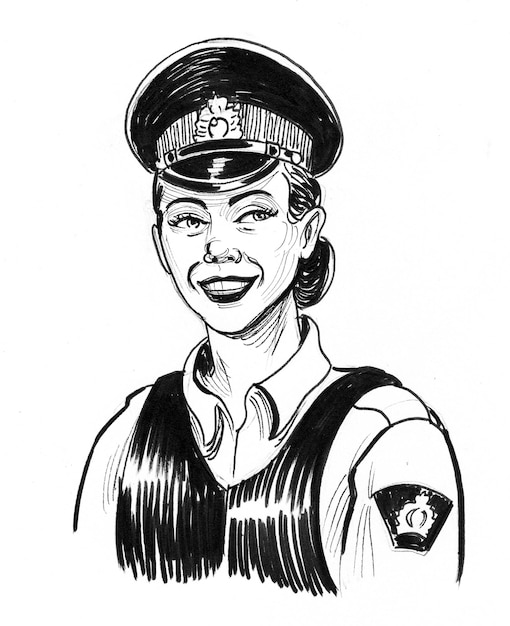 Mujer policía canadiense en uniforme, dibujo en blanco y negro de tinta