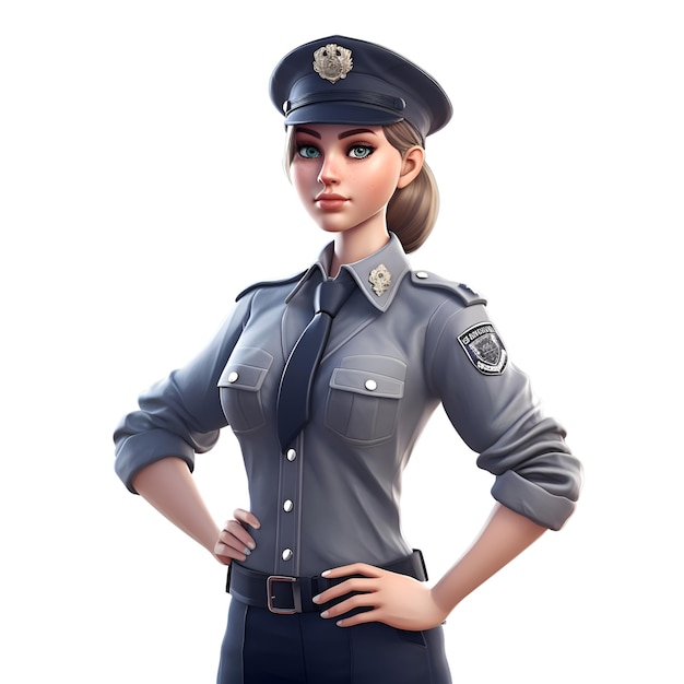 Mujer policía joven con ojos azules aislada en fondo blanco renderización 3D