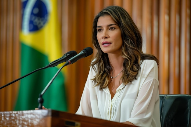 Foto la mujer política bruneta brasileña formal se sienta frente a dos micrófonos la señora representante de brasil habla en el congreso nacional de brasilia con la bandera de brasil detrás de ella