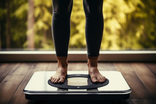 La mujer se pone de pie en la balanza de peso un momento de auto-evaluación para el bienestar del cuerpo
