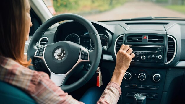 Una mujer pone la radio en el tablero de instrumentos del coche mientras conduce un coche