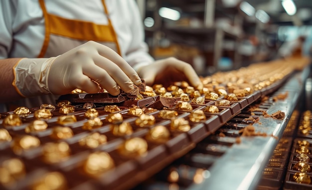 Mujer poniendo caramelos de chocolate en la línea de producción