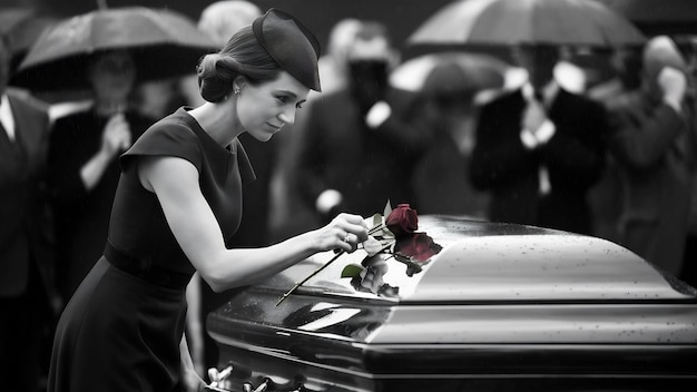 Foto mujer poniendo una rosa en el ataúd en el funeral