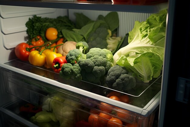 Foto mujer poniendo verduras crudas en el refrigerador