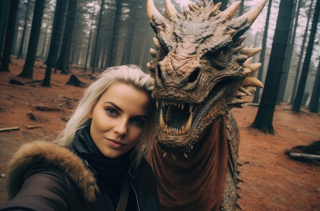 Una mujer posa con un dragón en el bosque.