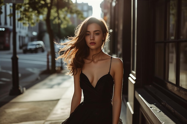 Mujer posa con un vestido negro