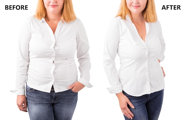 Mujer posando antes y después de una dieta exitosa