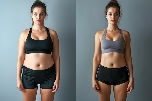 Mujer posando antes y después de la pérdida de peso Dieta y nutrición saludable Resultados de acondicionamiento físico en forma Resultados de liposucción Cirugía plástica Transformación de grasa a atleta Entrenamiento de sobrepeso y delgado