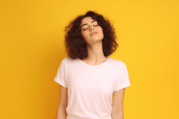 Mujer posando en una camiseta blanca sobre un fondo amarillo