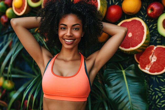 Mujer posando frente a una IA generativa de frutas variadas