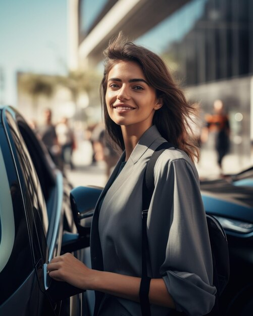 Mujer posando frente a su vehículo eléctrico