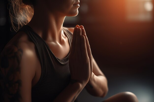 Una mujer en una pose de yoga con las manos juntas y los ojos cerrados.