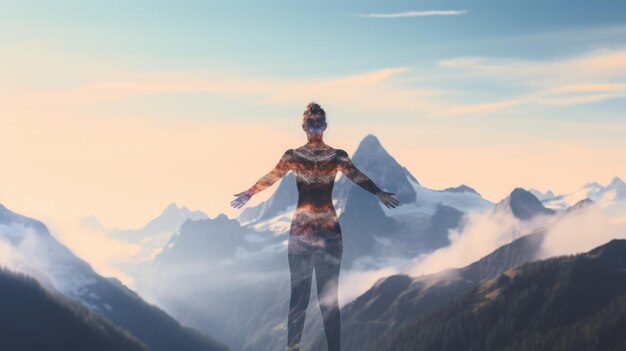 Mujer en pose de yoga con retroiluminación de cuerpo completo en la impresionante imagen de IA generativa alpina weber