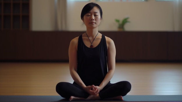 Una mujer en una pose de yoga se sienta en una alfombra y mira a la cámara.