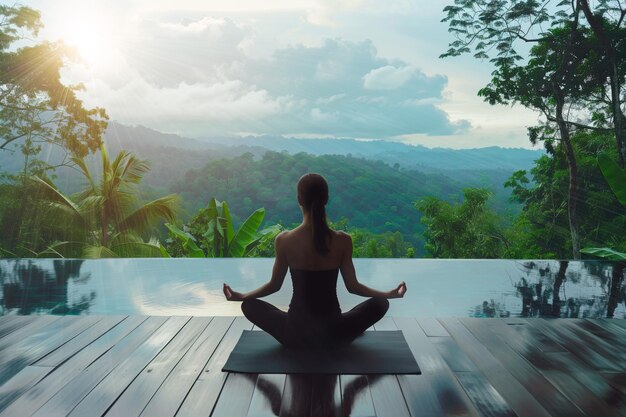 Foto mujer en posición de loto haciendo meditación al atardecer con la selva tropical en el fondo