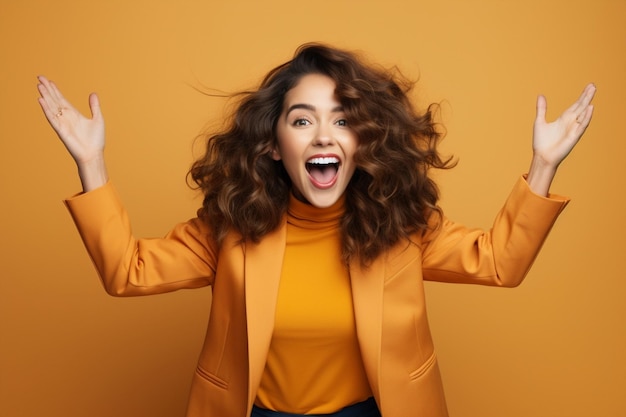 Mujer positiva felicidad cabello alegre modelo elegante expresión divertida gesto sonrisa belleza de la moda amarilla joven rizada feliz de moda emocionada cara femenina alegre