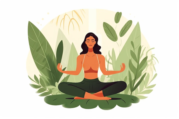 Mujer en poste de yoga de meditación en greensward Estilo de ilustración vectorial