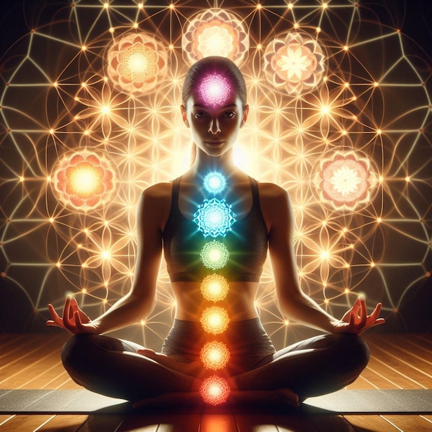 una mujer en una postura de yoga con chakras