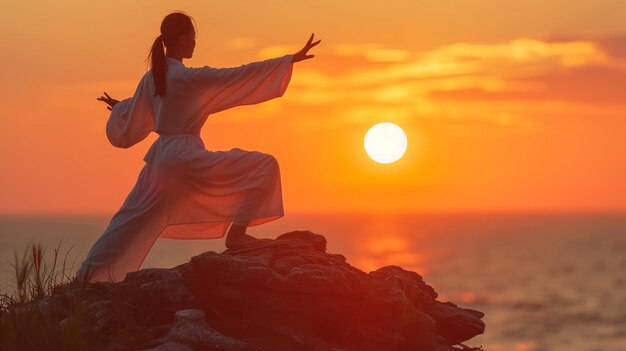 Una mujer en una postura de yoga está de pie en la cima de una montaña contra el telón de fondo de una puesta de sol