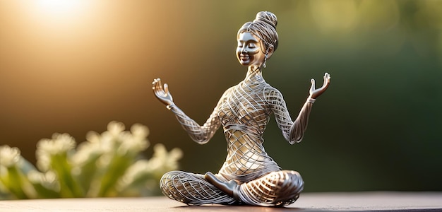 Mujer en postura de yoga figura de alambre doblada en el fondo de la naturaleza figuras creativas símbolo de yoga y armonía