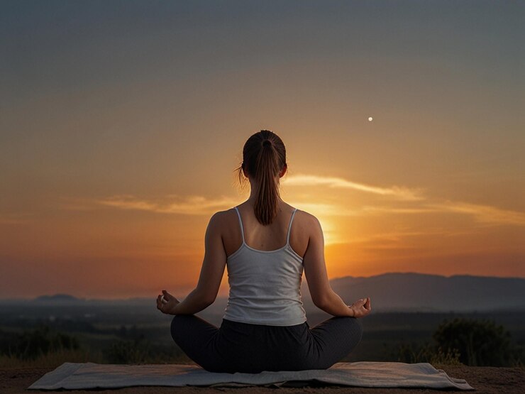 una mujer en una postura de yoga frente a una puesta de sol