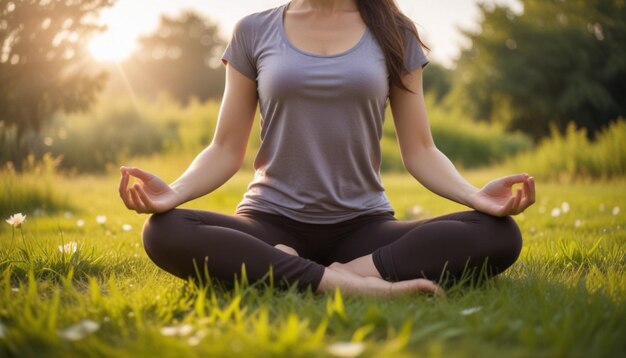 Foto una mujer en una postura de yoga con las manos en el aire sentada en la hierba