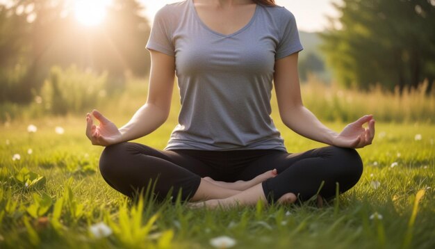 Foto una mujer en una postura de yoga en un parque con las manos en el aire