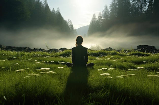 Una mujer en una postura de yoga se sienta imitando en un césped verde cubierto de flores bajo los rayos del sol.