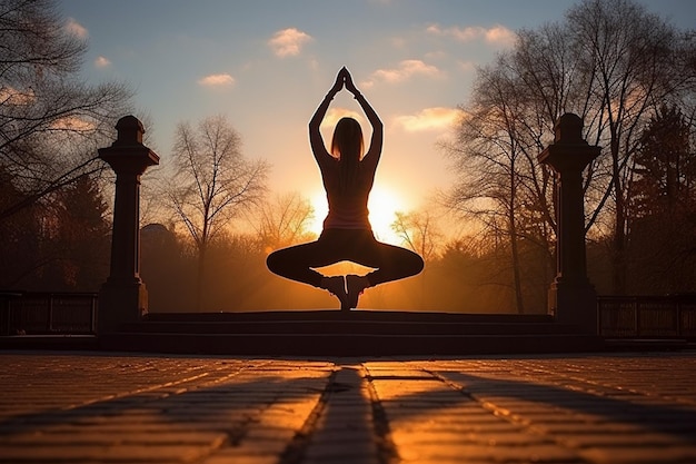 Una mujer practica yoga por la mañana en un parque al aire libre