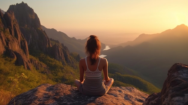 Mujer practica yoga y medita en la montaña.