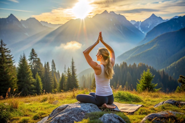 Una mujer practica yoga en las montañas por la mañana.